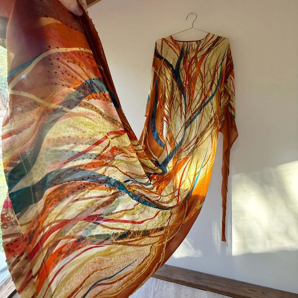 Vintage Sheer Chiffon Beaded Caftan Maxi Dress with Abstract Print
